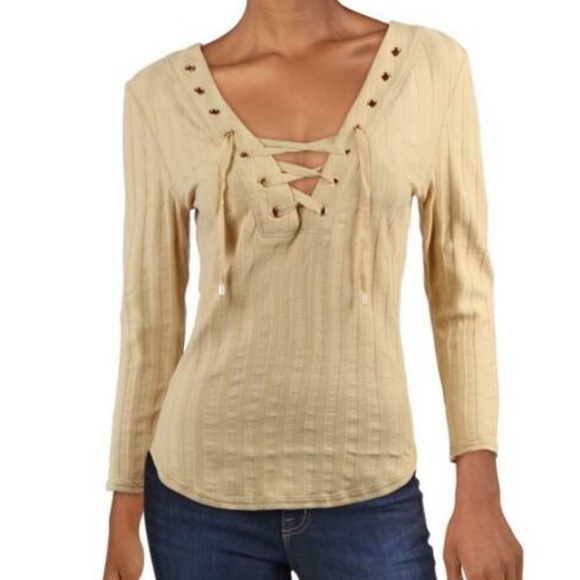 Free People Ice Cold Ribbed 3/4 Sleeves Yellow Size Small Lace Up - Picture 2 of 8